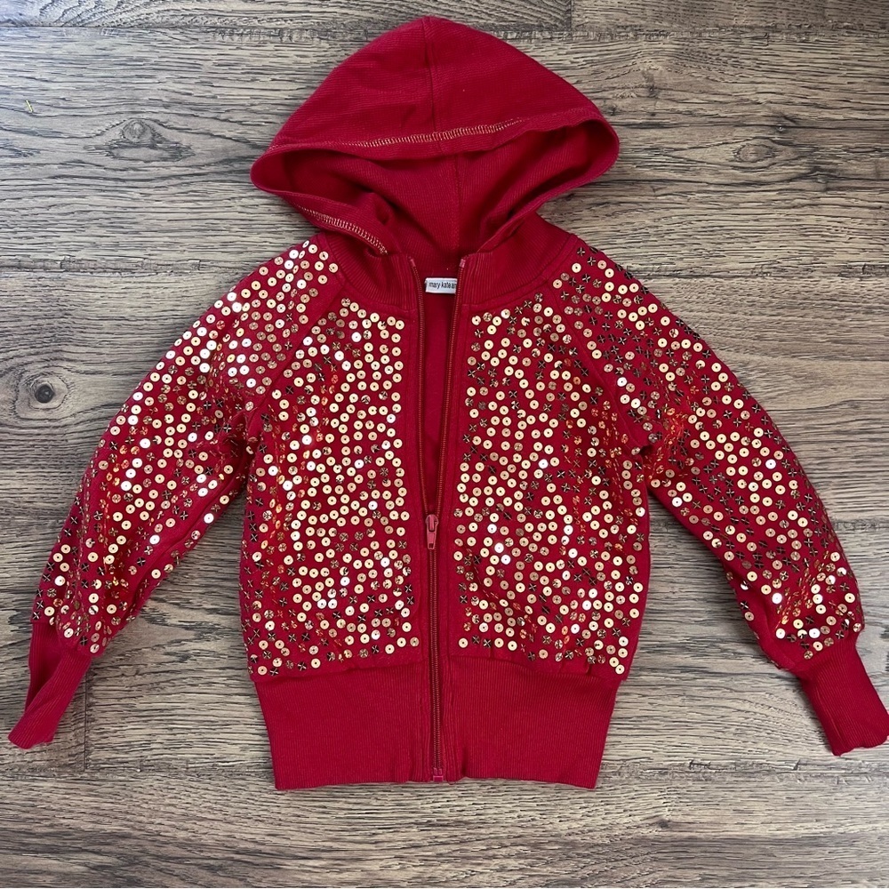 Y2K Mary Kate And Ashley Girls’ Red Zip Front Hoodie With Gold Sequins 4-5 NWOT